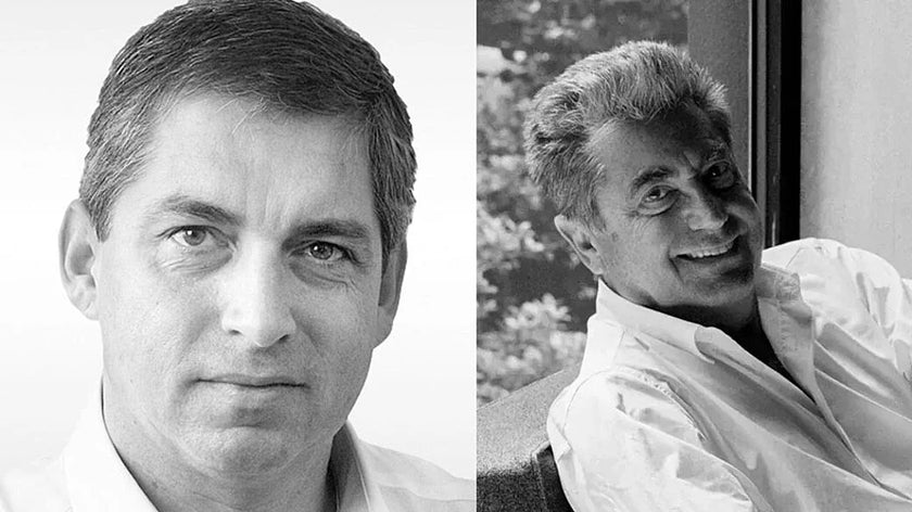 A split black-and-white portrait showing two men in head-and-shoulder shots, one on the left in a studio setting and one on the right leaning by a window.