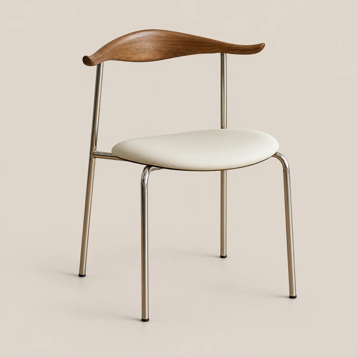 A modern dining chair with a curved wooden backrest, a cream upholstered seat, and slim metallic legs, shown against a solid beige background.