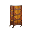 Brown rolling cart with transparent shelves on a white background