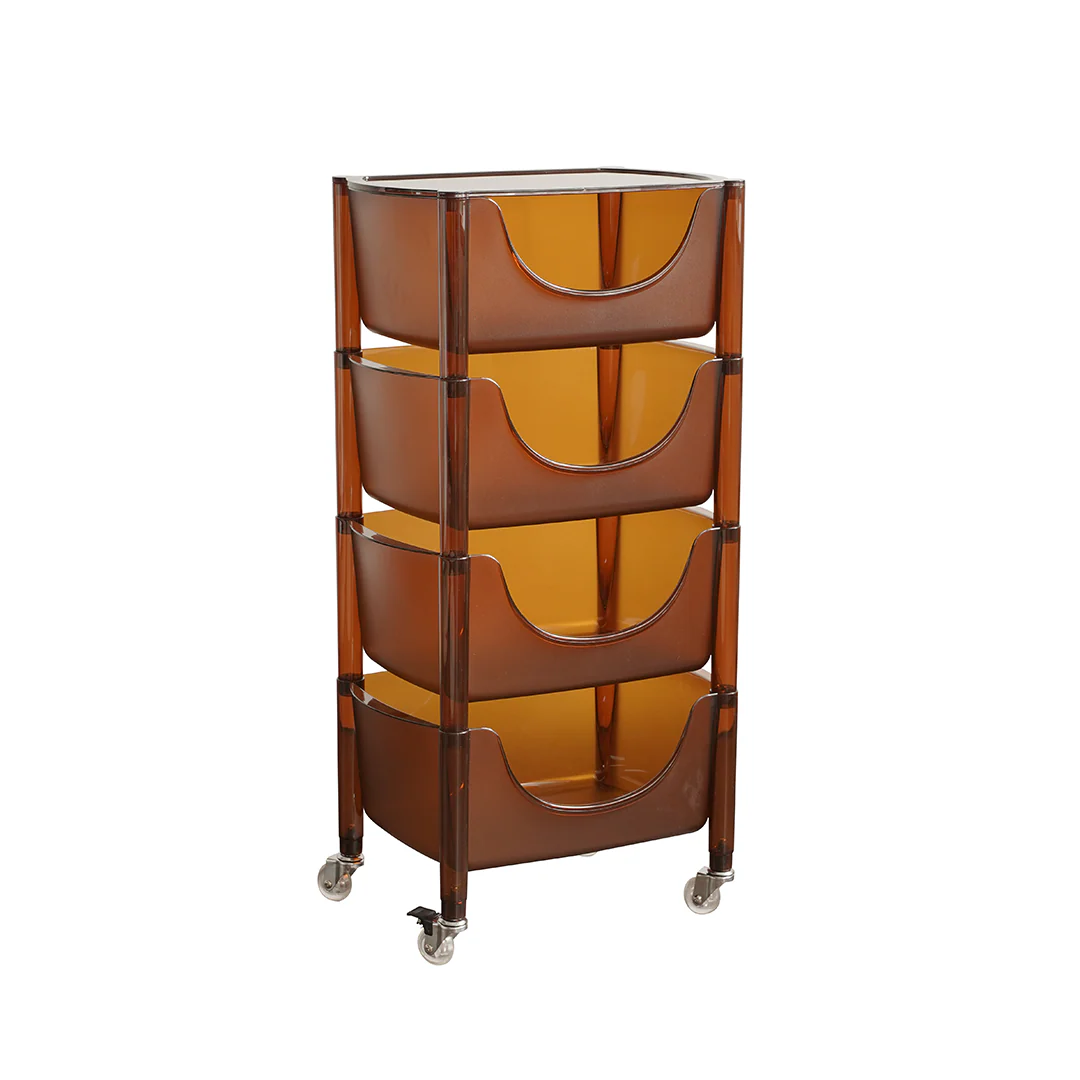 Brown rolling cart with transparent shelves on a white background