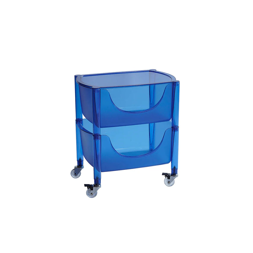 Blue plastic cart with wheels on a white background
