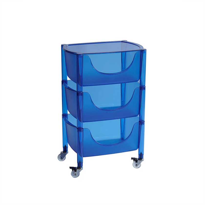 Blue rolling cart with transparent shelves on a white background