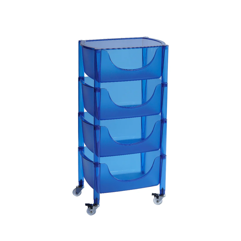 Blue three-tier rolling cart on a white background