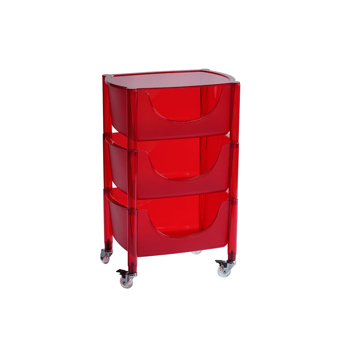 Red storage cart with three drawers on a white background
