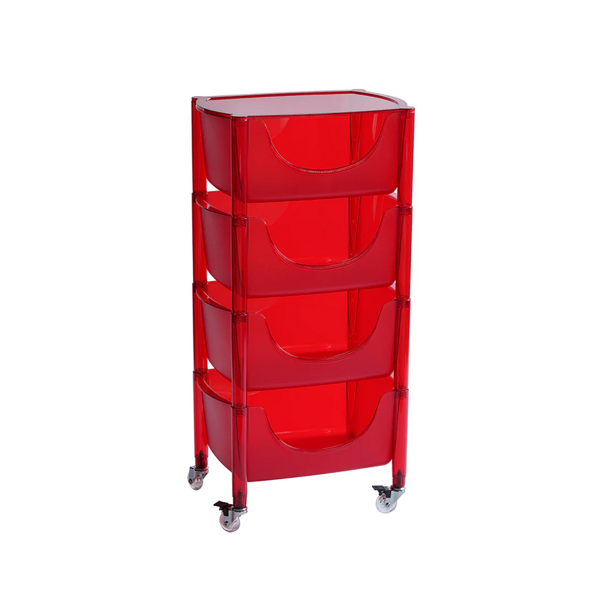 Red storage cart with multiple bins on a white background