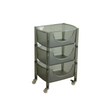 Clear plastic rolling cart with three shelves on a white background