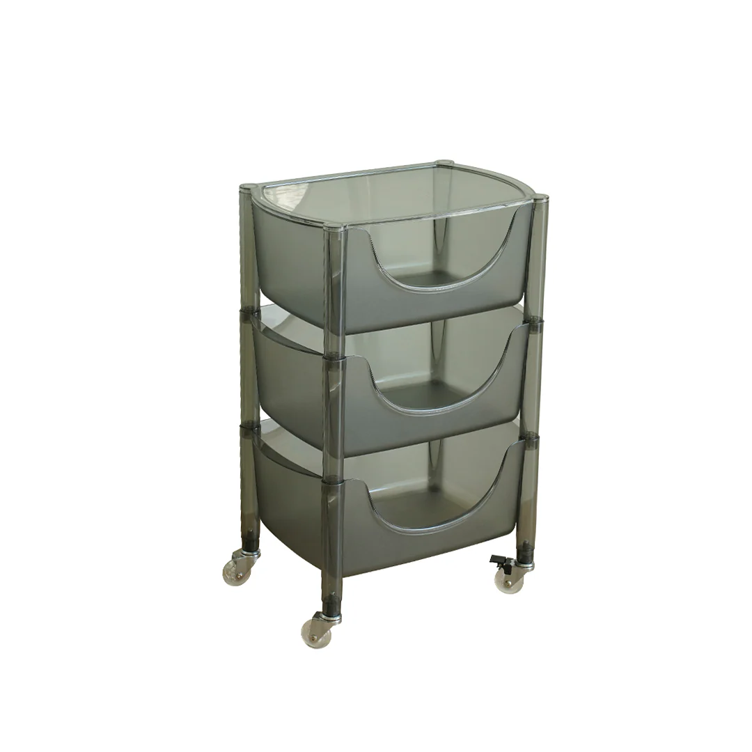 Clear plastic rolling cart with three shelves on a white background