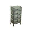 Metal storage cart with four drawers on wheels against a white background