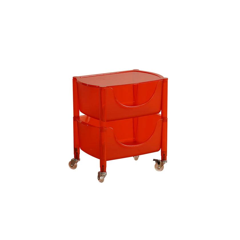 Orange rolling cart with two drawers on a white background