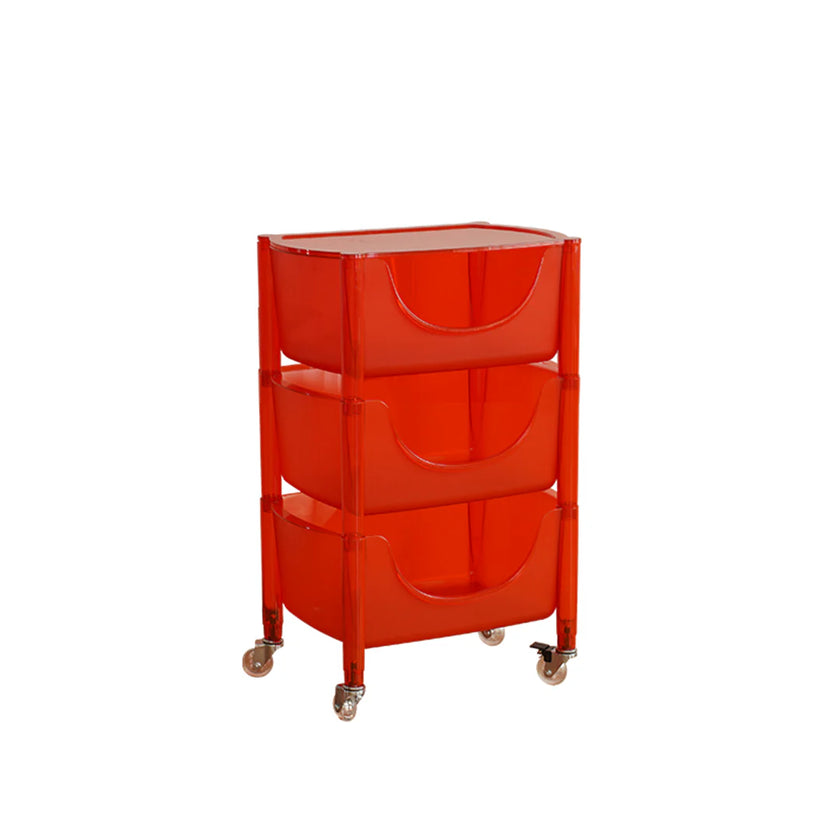 Red storage cart with three drawers on a white background