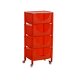Red storage cart with four drawers on wheels against a white background