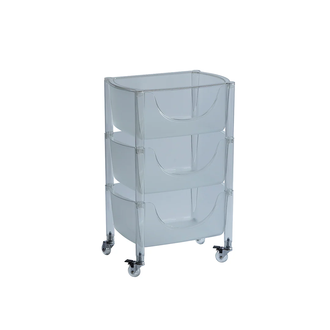 Clear plastic rolling cart with multiple compartments on a white background