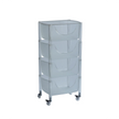 Clear plastic storage cart with wheels on a white background