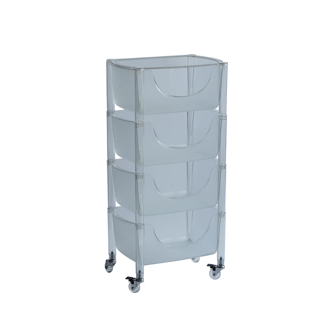 Clear plastic storage cart with wheels on a white background