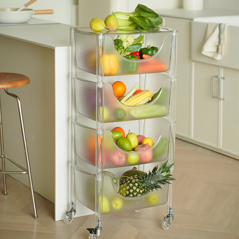 Clear rolling cart with produce in a kitchen setting