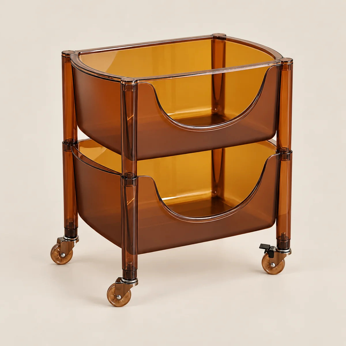 A two-tier rolling storage cart made of translucent amber-brown plastic with integrated basket-style shelves and caster wheels, shown on a plain light beige studio background.