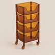 An amber translucent plastic rolling storage cart with four tiered compartments and caster wheels, shown on a light beige background.