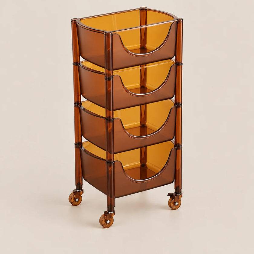 An amber translucent plastic rolling storage cart with four tiered compartments and caster wheels, shown on a light beige background.