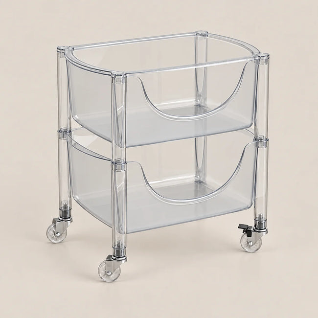 A two-tier clear plastic rolling storage cart with a semi-circular basket design on each level, supported by clear acrylic side rails and four caster wheels, shown against a solid light beige background.