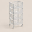 A clear acrylic rolling storage cart with four tiers and curved pull-out baskets, shown on a light beige background.