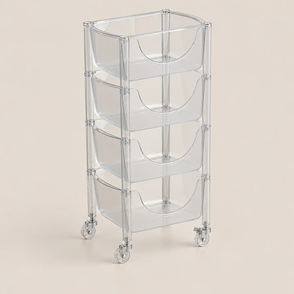 A clear acrylic rolling storage cart with four tiers and curved pull-out baskets, shown on a light beige background.