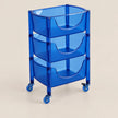 A translucent blue three-tier rolling storage cart with curved pull-out bins and casters, shown on a plain light beige studio background.