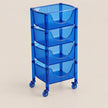 A translucent blue plastic rolling storage cart with four tiered baskets and caster wheels, shown on a plain beige background.