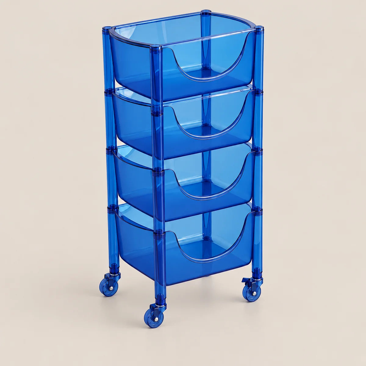A translucent blue plastic rolling storage cart with four tiered baskets and caster wheels, shown on a plain beige background.