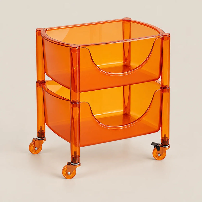 An orange translucent plastic rolling storage cart with two tiered baskets and caster wheels, shown on a light beige background.