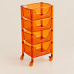 An orange translucent plastic rolling storage cart with four tiered baskets and caster wheels, photographed on a clean light beige background.
