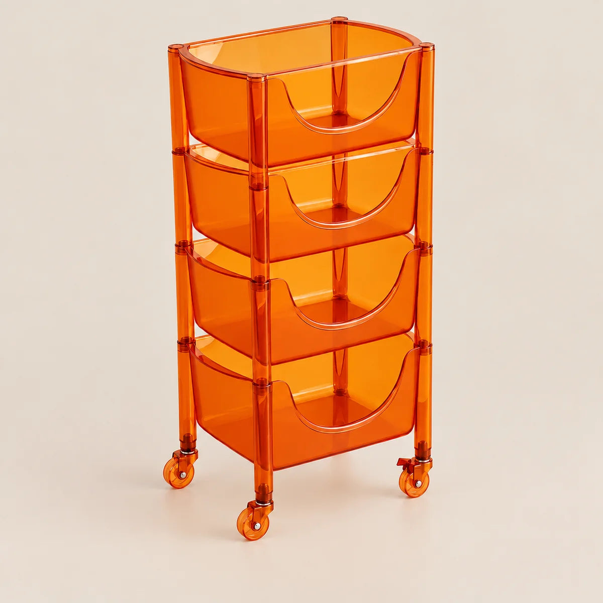 An orange translucent plastic rolling storage cart with four tiered baskets and caster wheels, photographed on a clean light beige background.