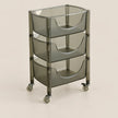 A three-tier rolling storage cart with translucent smoky gray plastic bins and a matching frame, shown on a plain beige studio background.