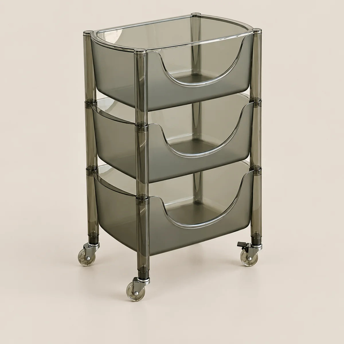 A three-tier rolling storage cart with translucent smoky gray plastic bins and a matching frame, shown on a plain beige studio background.
