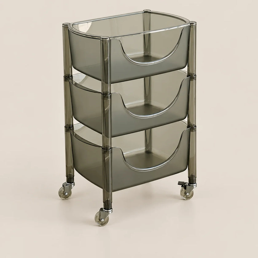 A three-tier rolling storage cart with translucent smoky gray plastic bins and a matching frame, shown on a plain beige studio background.