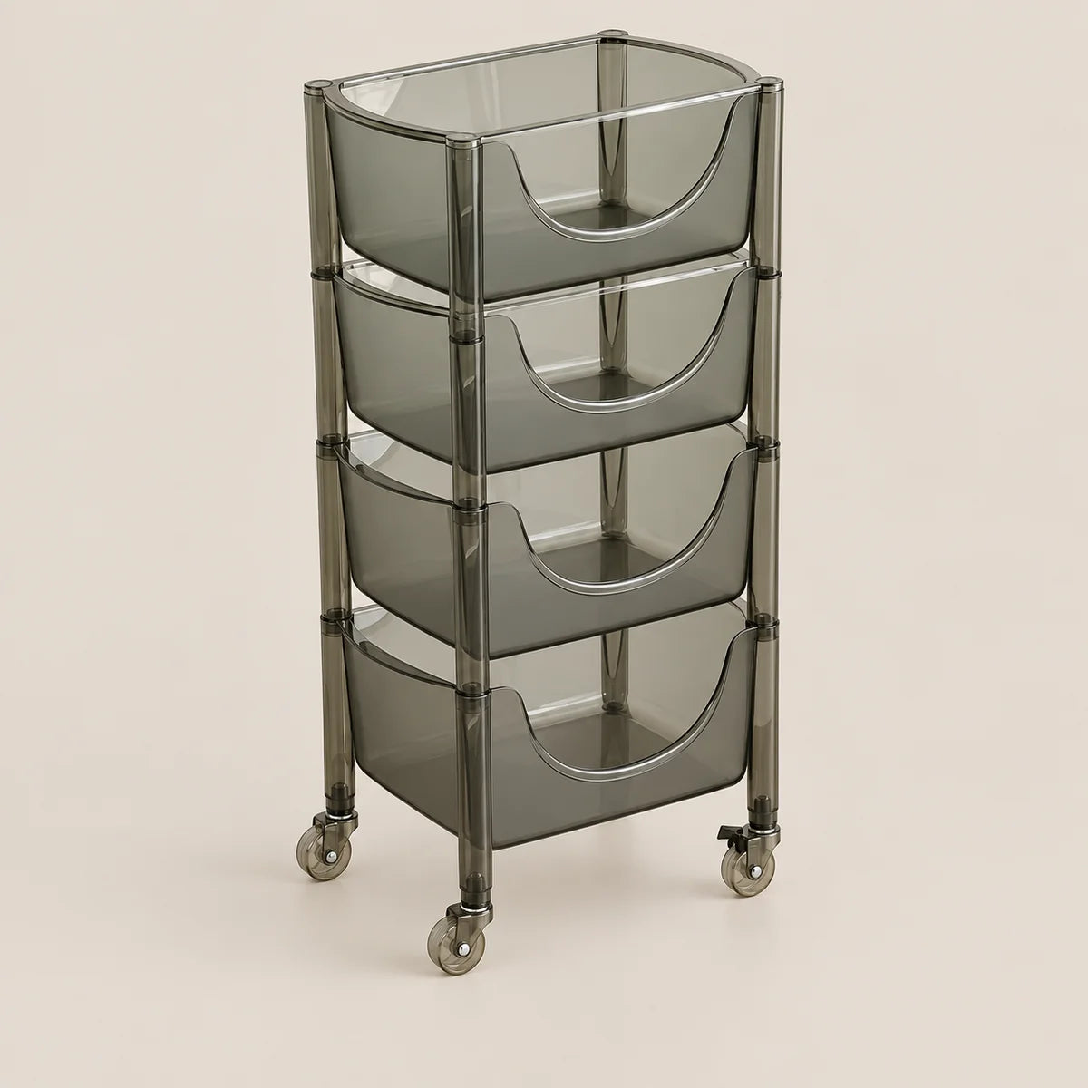 A four-tier rolling storage cart with translucent smoky gray plastic bins and a dark gray metal frame on casters, shown on a solid light beige background.