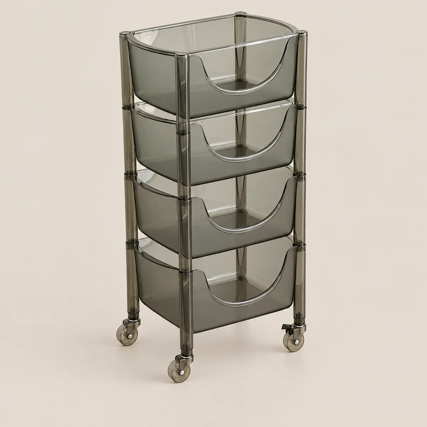 A four-tier rolling storage cart with translucent smoky gray plastic bins and a dark gray metal frame on casters, shown on a solid light beige background.