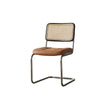 Chair with brown leather seat and woven backrest on a white background