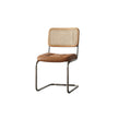 Chair with brown leather seat and woven backrest on a white background