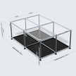 A silver aluminum modular storage rack with clear acrylic panels and black perforated metal bases, shown with dimension lines and measurements on a light gray background.