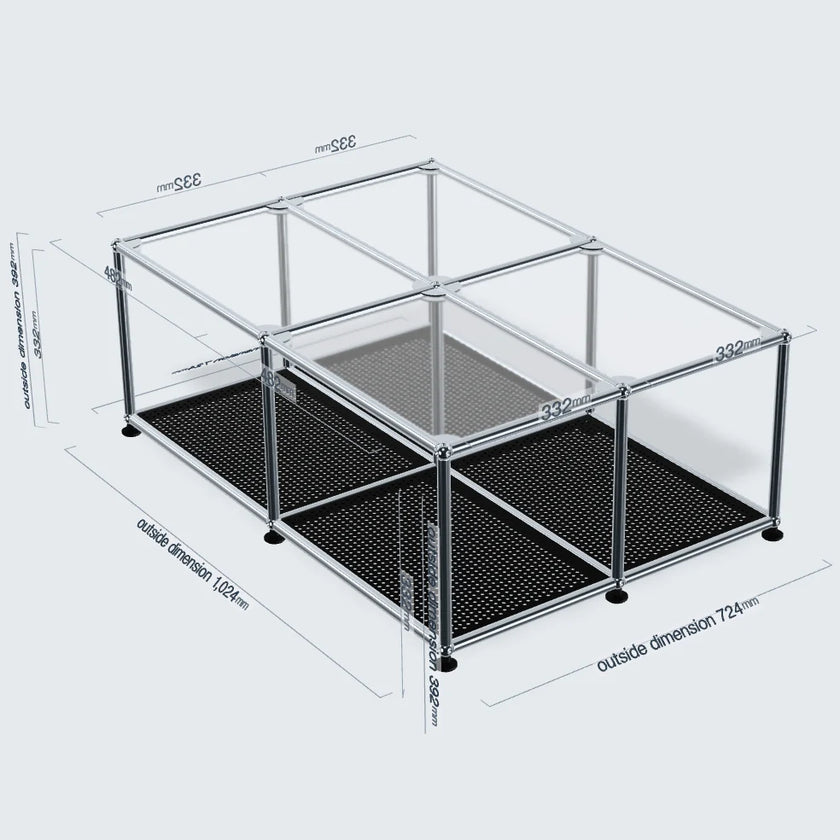 A silver aluminum modular storage rack with clear acrylic panels and black perforated metal bases, shown with dimension lines and measurements on a light gray background.