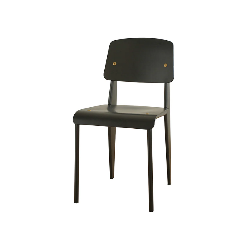 Black chair with gold accents on a white background