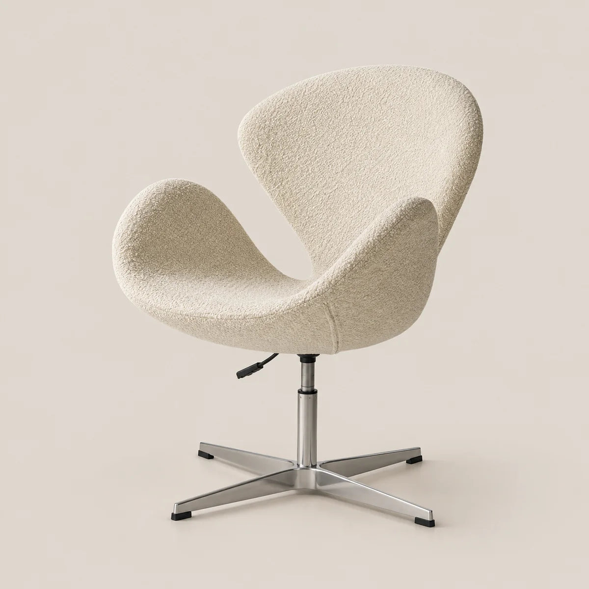 A modern swivel lounge chair with a textured cream bouclé fabric shell and a chrome four-star base, set against a solid light beige background.
