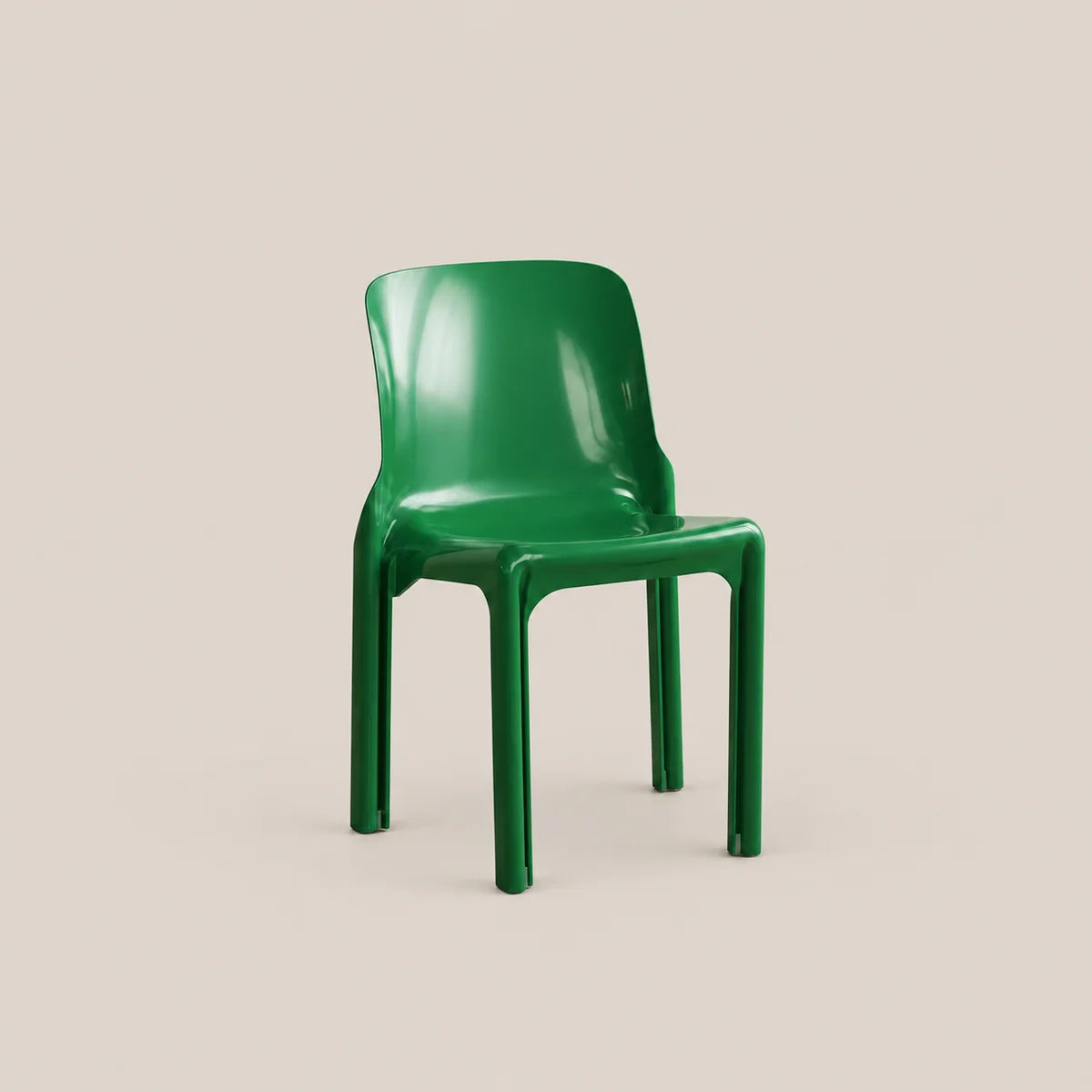 A glossy green molded plastic chair shown from a three-quarter angle against a solid, warm beige background.