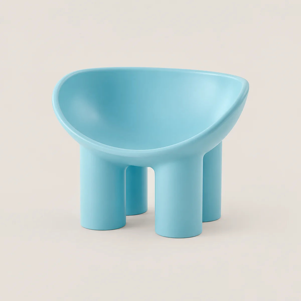 A light blue molded plastic stool with a rounded, bowl-like seat and four cylindrical legs, shown on a plain beige background.