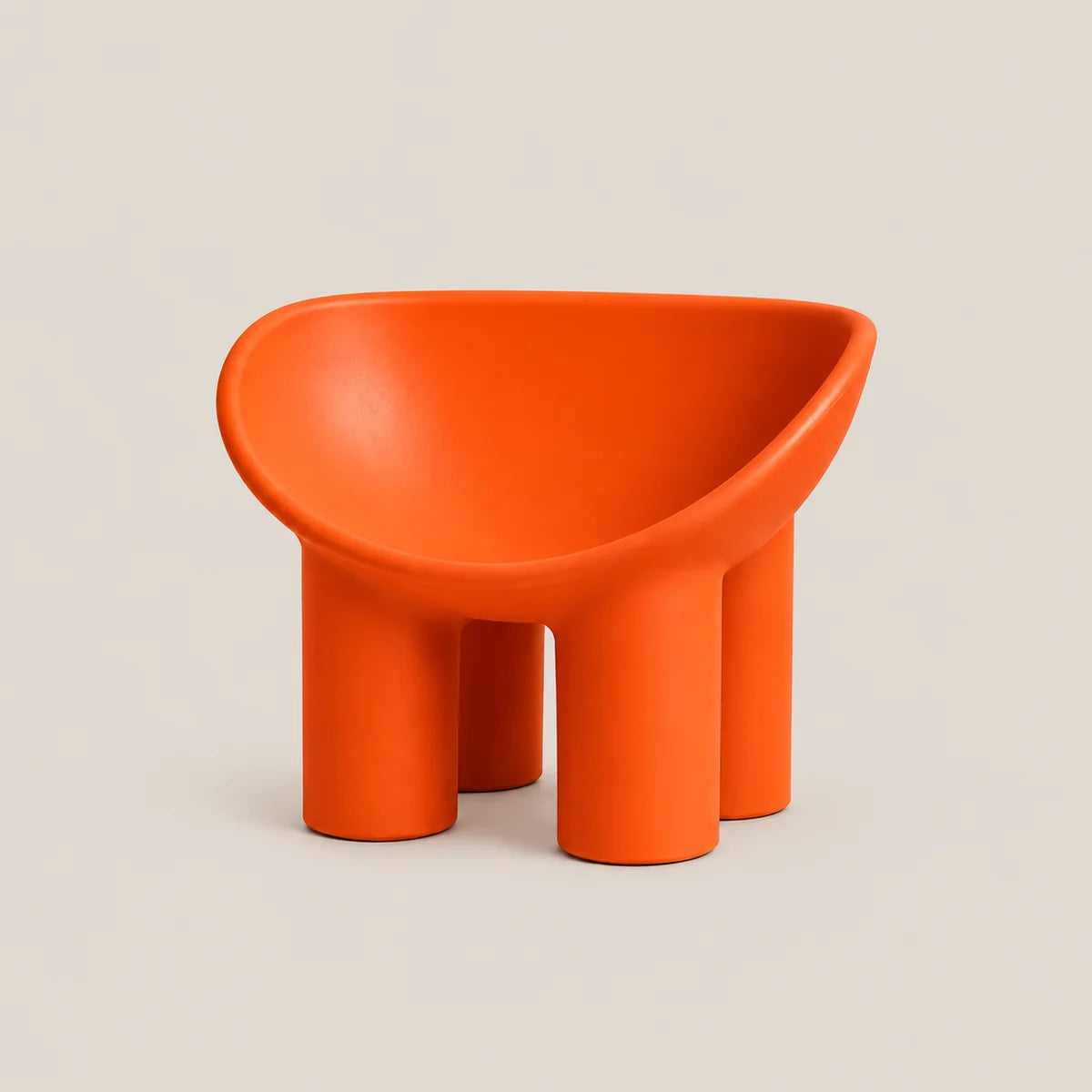 A bright orange molded plastic children's stool with a rounded, bowl-like seat and four cylindrical legs, shown on a neutral light beige background.