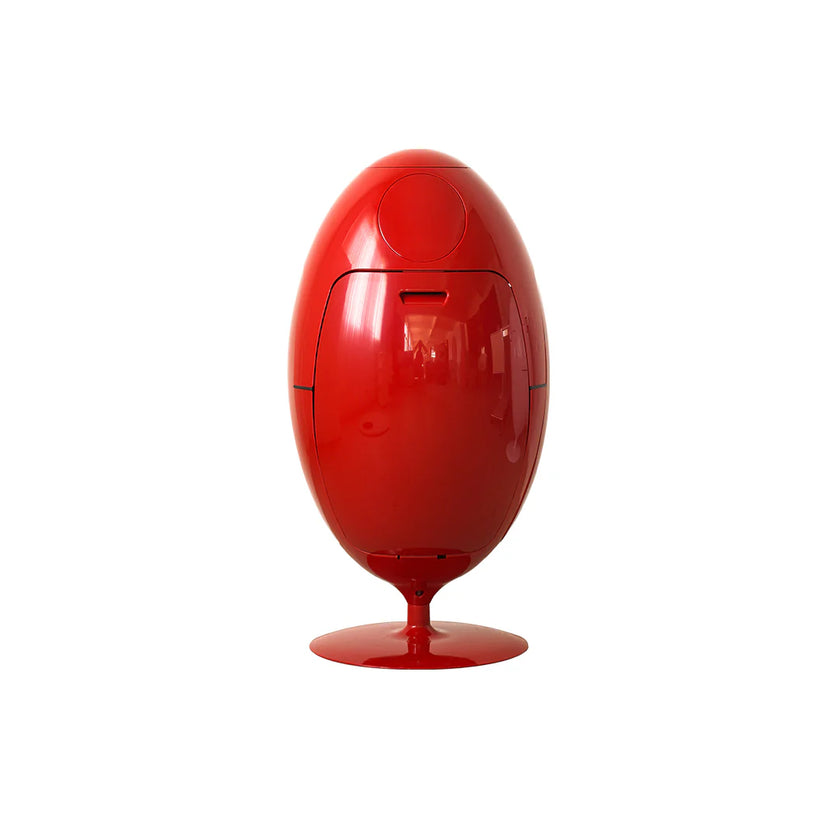 Red egg-shaped device on a white background