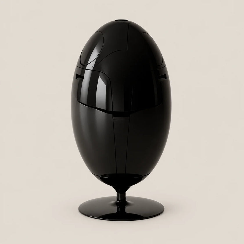 A glossy black egg-shaped decorative object with a pedestal base, photographed against a plain warm light beige background.