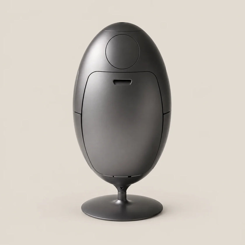 A matte black egg-shaped electronic device on a matching circular stand, photographed against a solid light beige background.