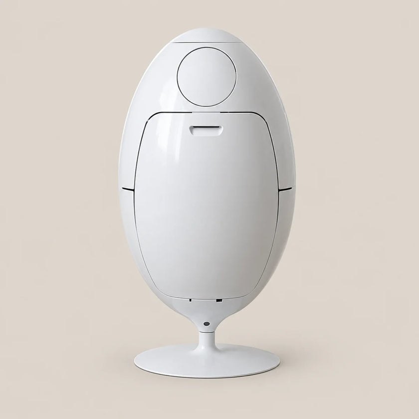 A white egg-shaped modern pedestal table or lamp with a circular top and a round base, shown against a solid beige background.
