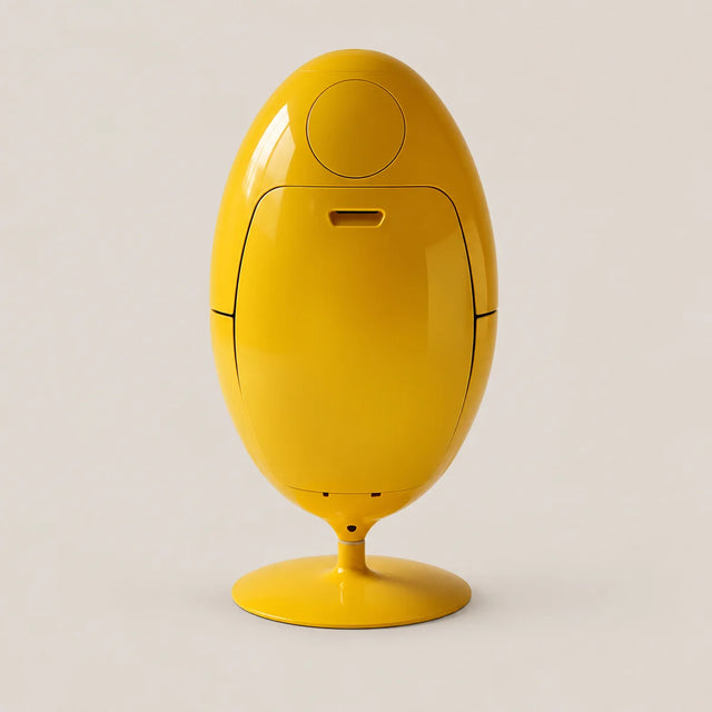 A bright yellow egg-shaped electronic device with a glossy finish, standing on a matching yellow pedestal base against a light beige background.